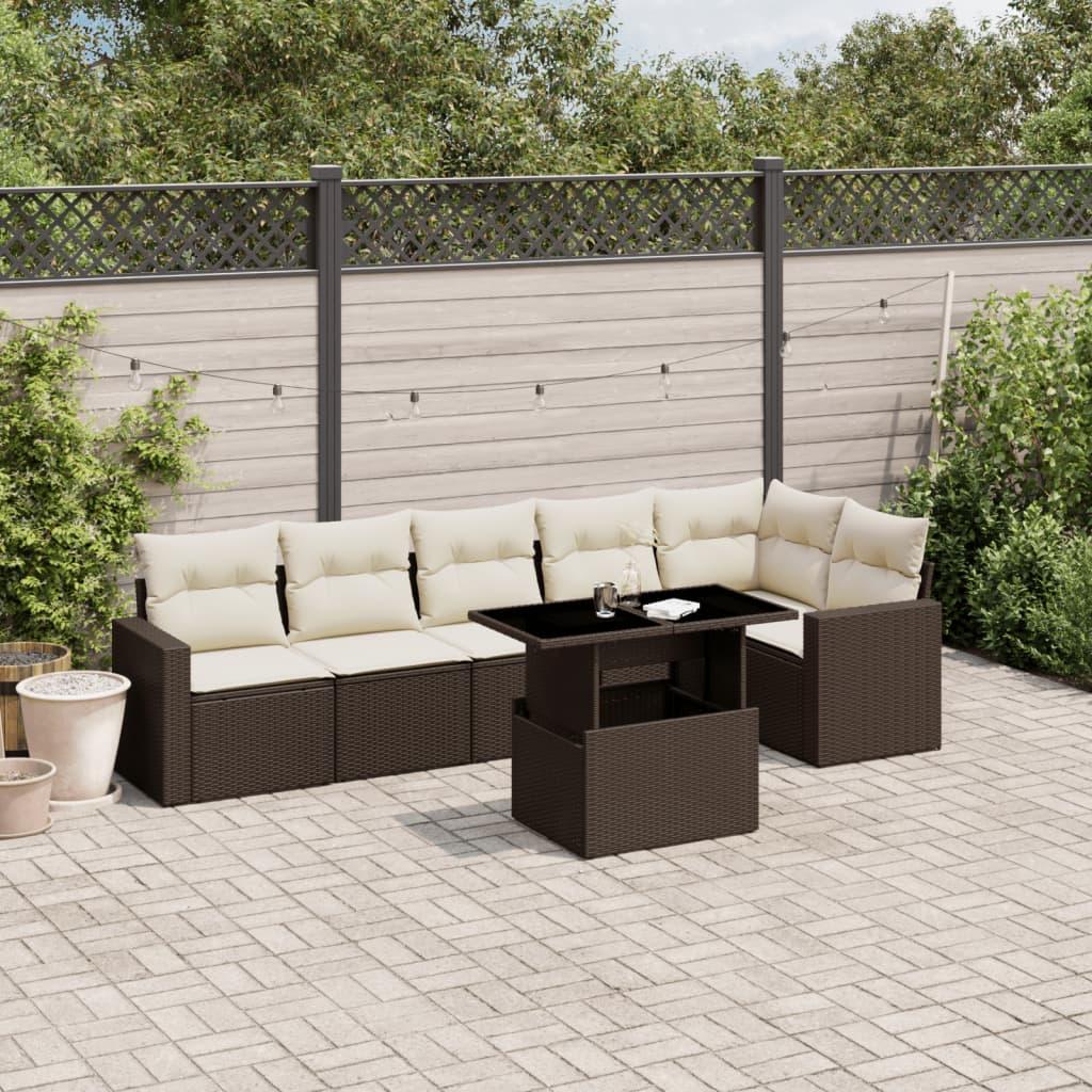 Havesofasæt i polyrattan - 7 dele med hynder, brun