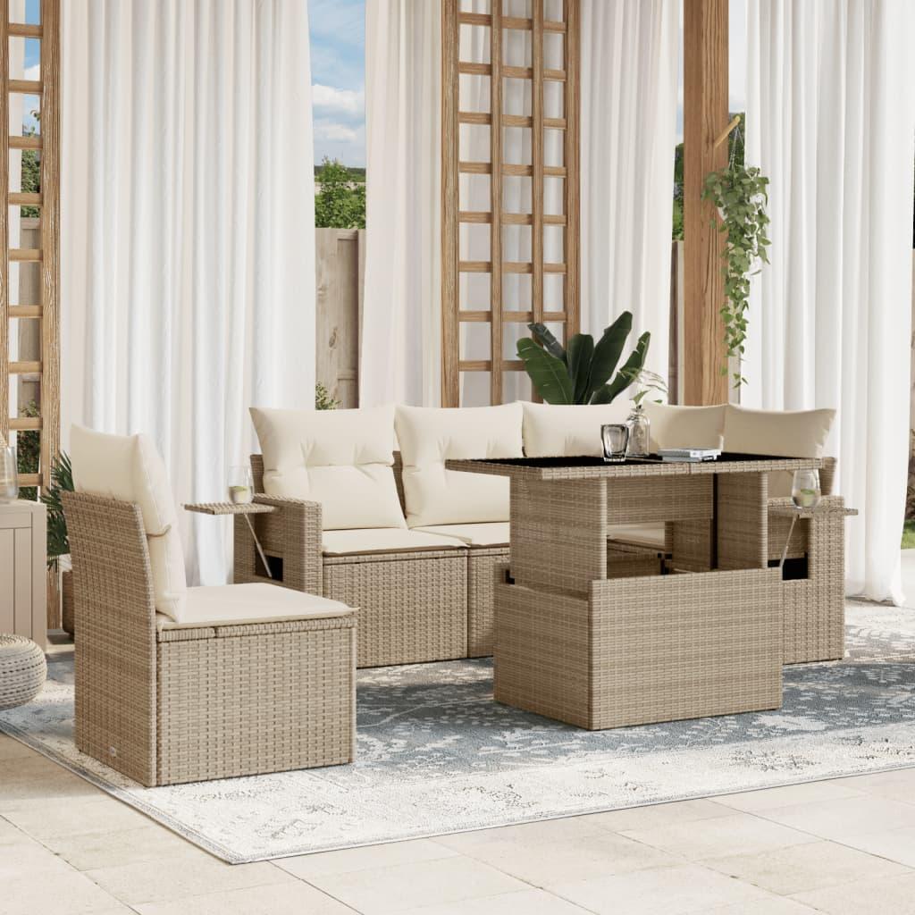 Sofasæt til haven 6 dele med hynder i polyrattan beige