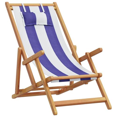 Strandstol foldbar massivt eukalyptustræ og stof blå og hvid