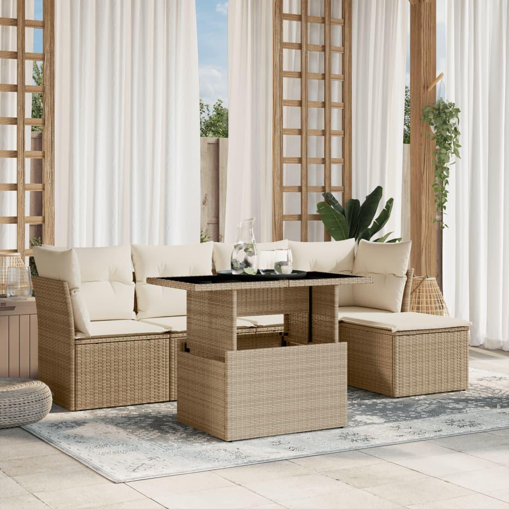 Sofasæt til haven 6 dele med hynder i polyrattan beige