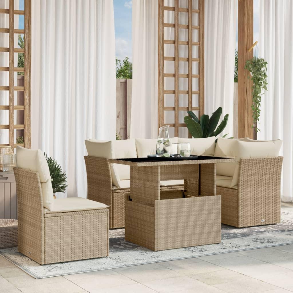 Sofasæt til haven 6 dele med hynder i polyrattan beige