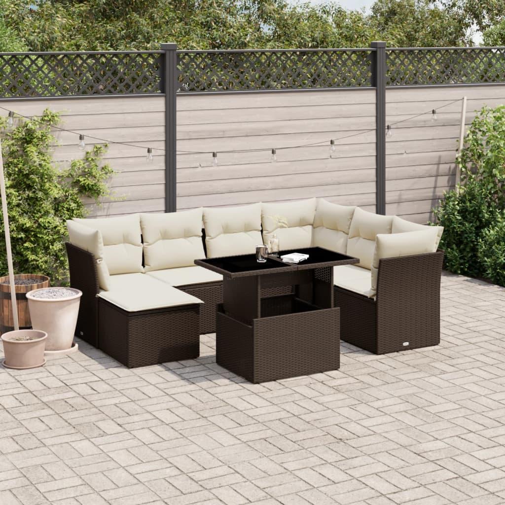 Havesofasæt i polyrattan - 8 dele med hynder, brun