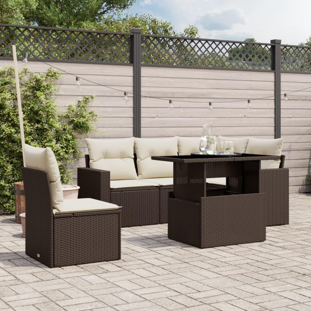 Havesofasæt i polyrattan - 6 dele med hynder, brun