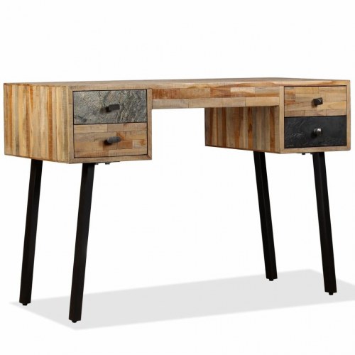 Skrivebord i massivt genbrugsteak - 110 × 50 × 76 cm, vintage med 4 skuffer