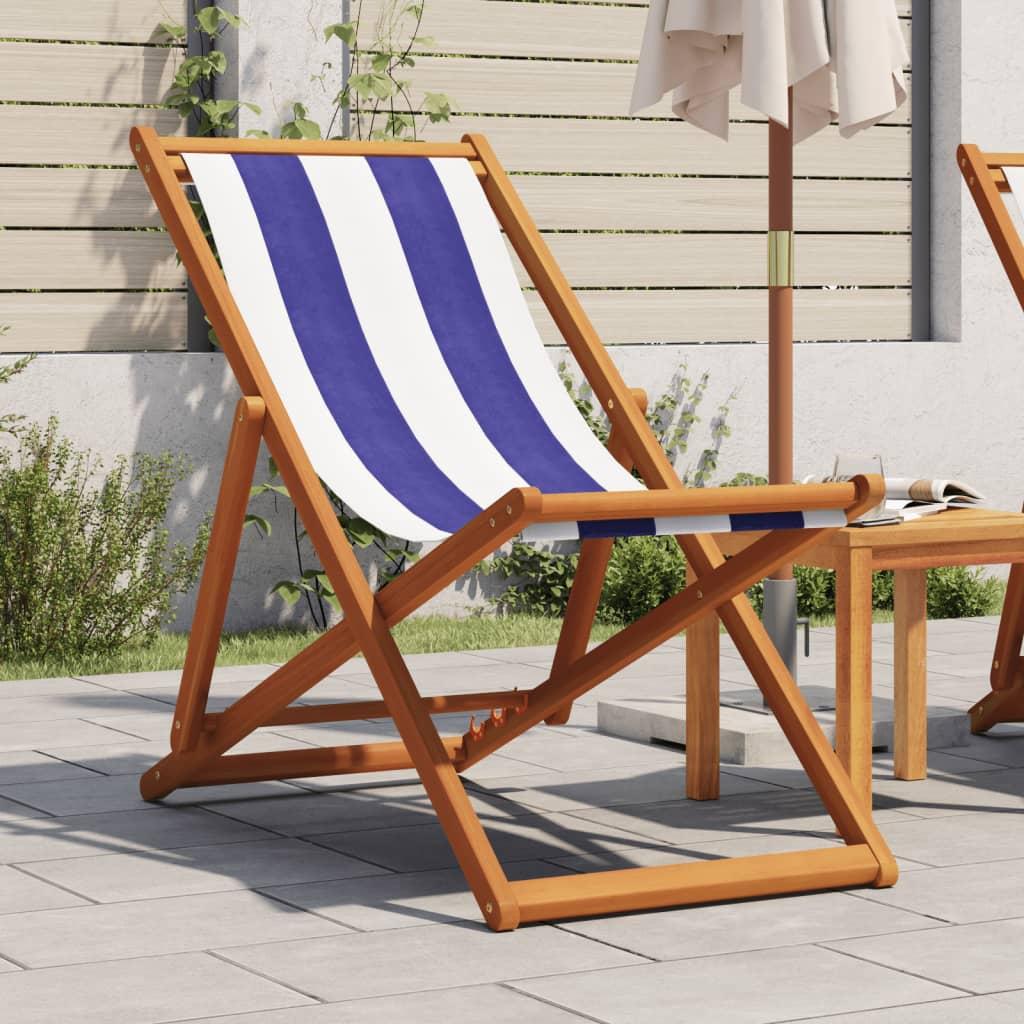 Strandstol foldbar massivt eukalyptustræ og stof blå og hvid