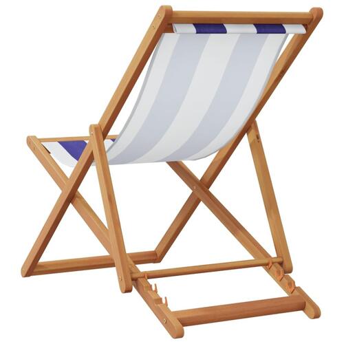 Strandstol foldbar massivt eukalyptustræ og stof blå og hvid