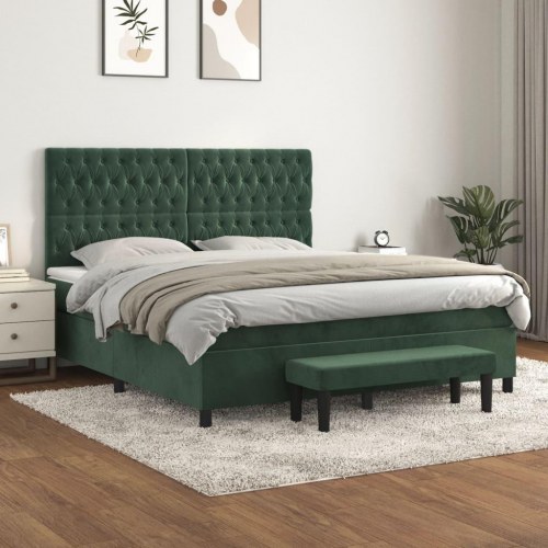 Kontinentalseng 180x200 cm i fløjl - mørkegrøn med madras og topmadras