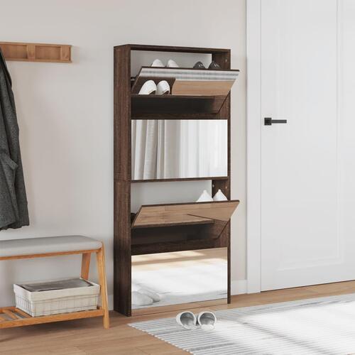 Skoskab med spejl og 4 hylder 63x17x134 cm brun egetræsfarve