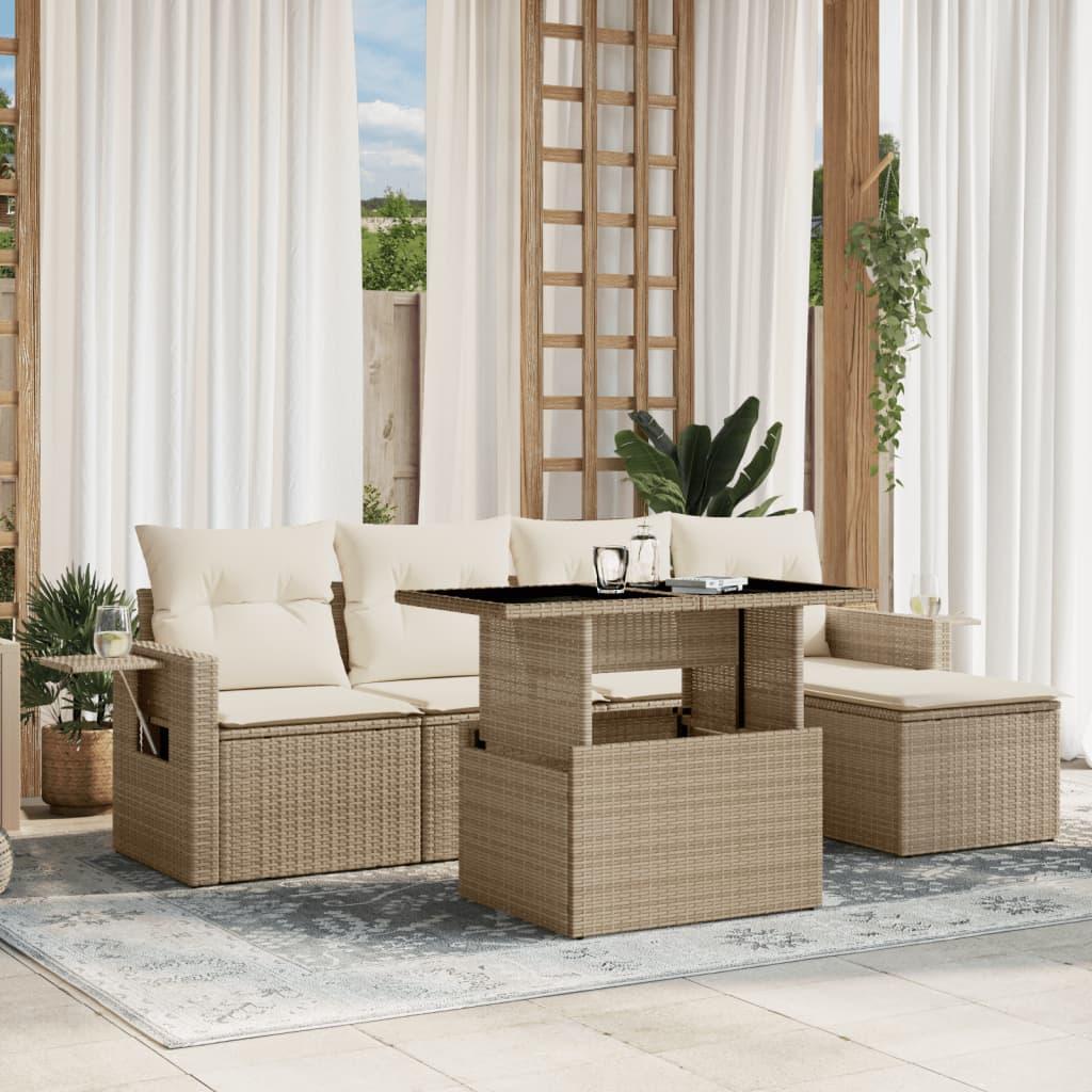 Sofasæt til haven 6 dele med hynder i polyrattan beige