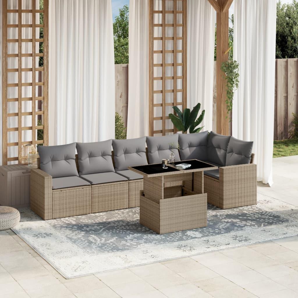 Sofasæt til haven 7 dele med hynder i polyrattan - beige