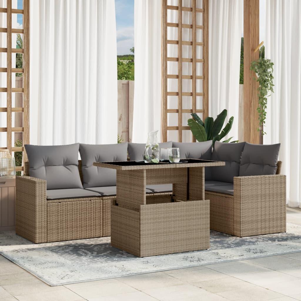 Havesofasæt 6 dele med hynder i polyrattan beige billede