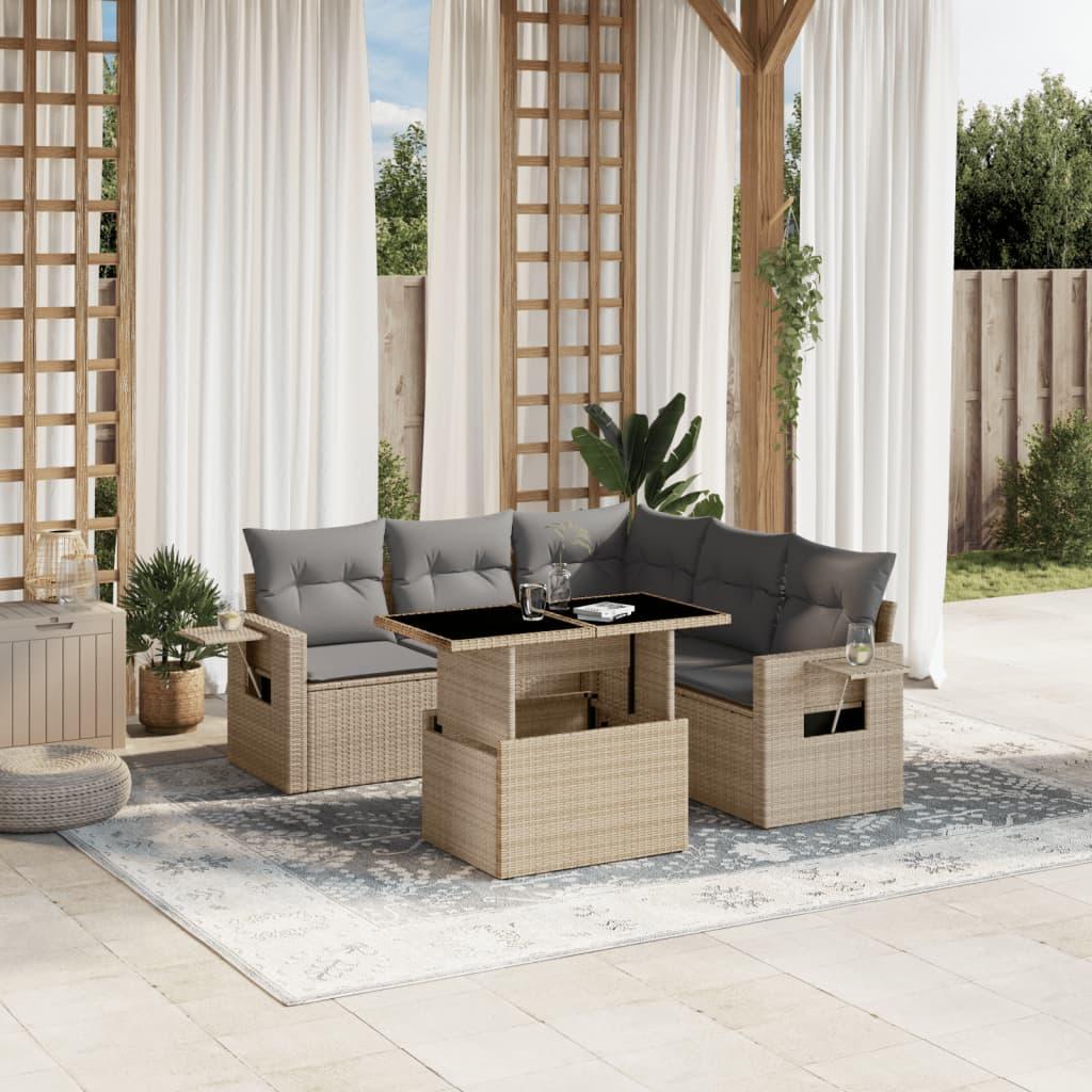 Havesofasæt 6 dele med hynder i polyrattan beige billede