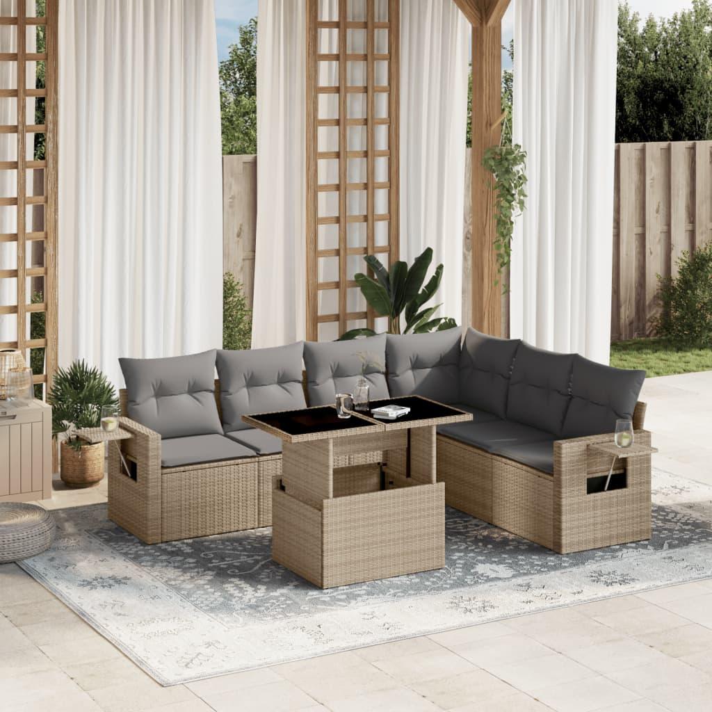 Sofasæt til haven 7 dele med hynder polyrattan beige billede
