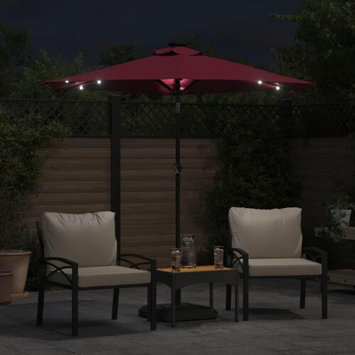 Parasol med LED-lys og stålstang 225x225x212 cm bordeauxfarvet
