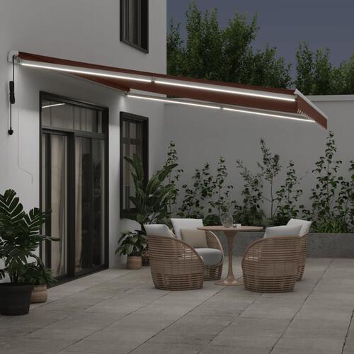 Markise med LED-lys 500x300 cm automatisk betjening brun