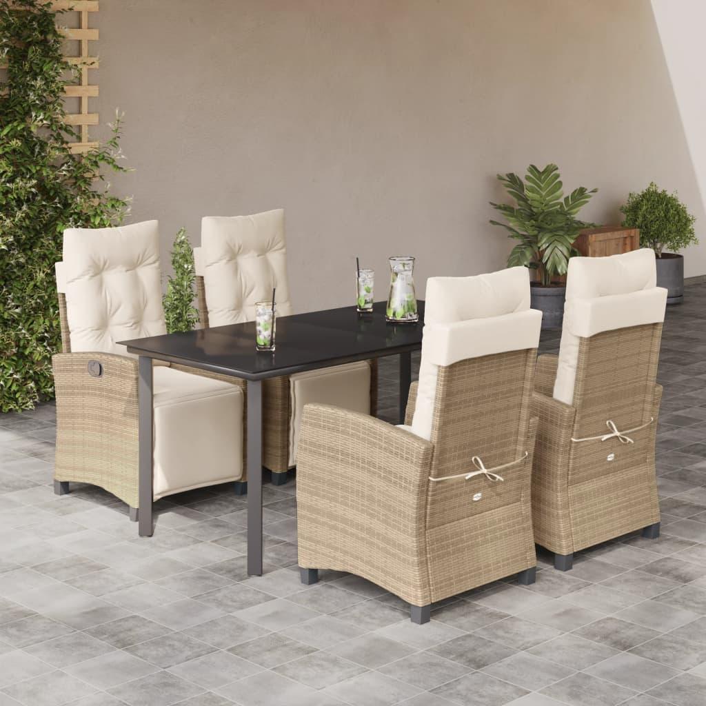 Spisebordssæt til haven 5 dele med hynder polyrattan beige