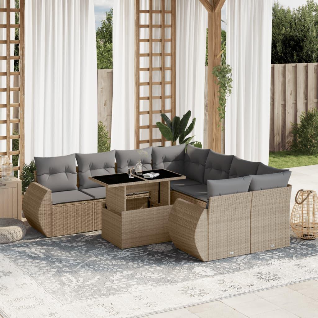 Sofasæt til haven 9 dele med hynder polyrattan beige