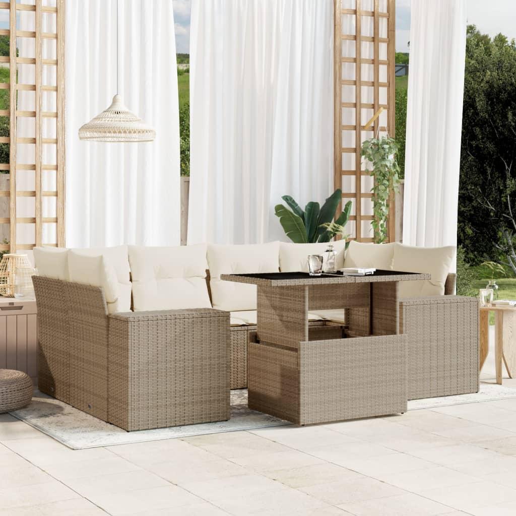 Sofasæt til haven 7 dele med hynder i polyrattan beige