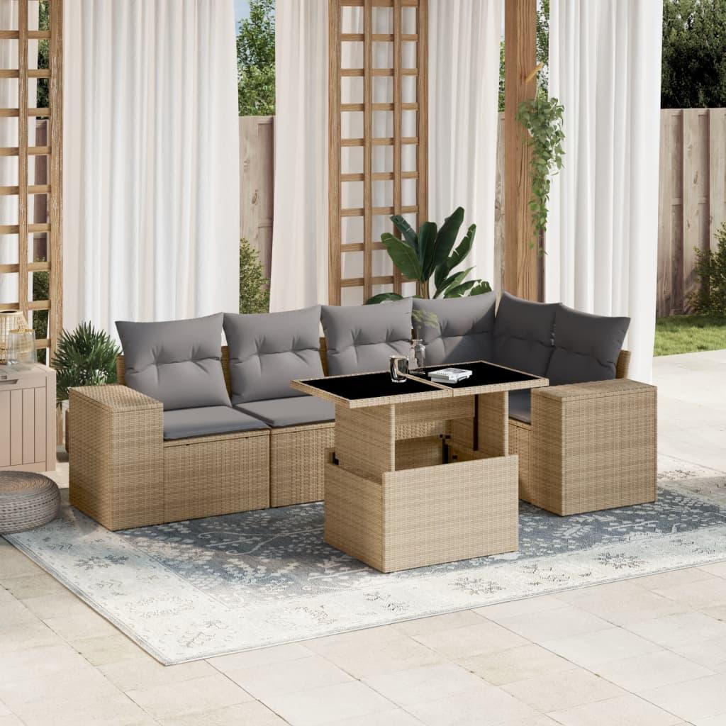 Havesofasæt 6 dele med hynder og hæve-sænkebord i polyrattan - beige billede