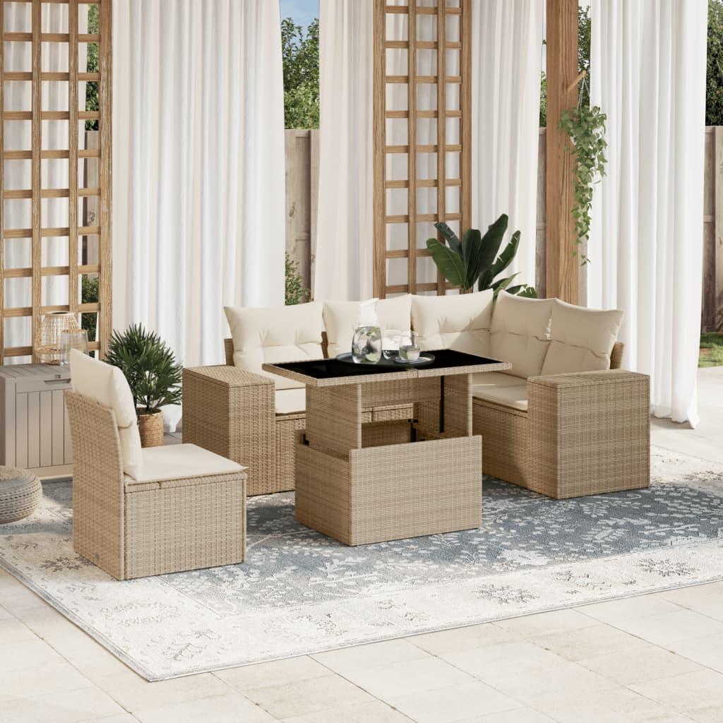 Sofasæt til haven 6 dele med hynder i polyrattan beige