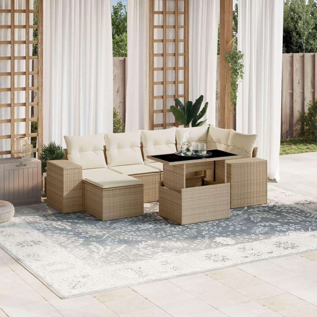 Sofasæt til haven 7 dele med hynder i polyrattan - beige