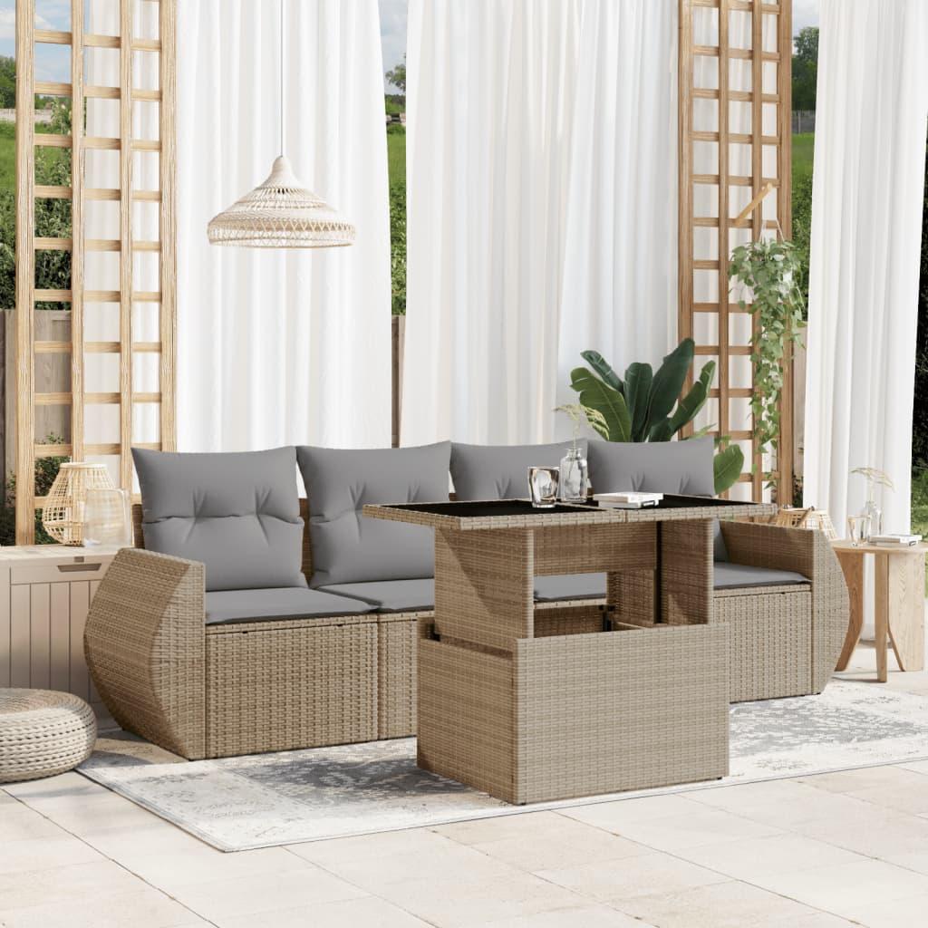 Sofasæt til haven 5 dele med hynder polyrattan beige