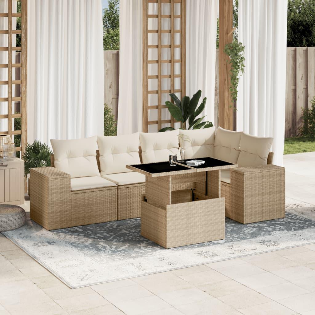 Havesofasæt 6 dele med hynder i polyrattan beige