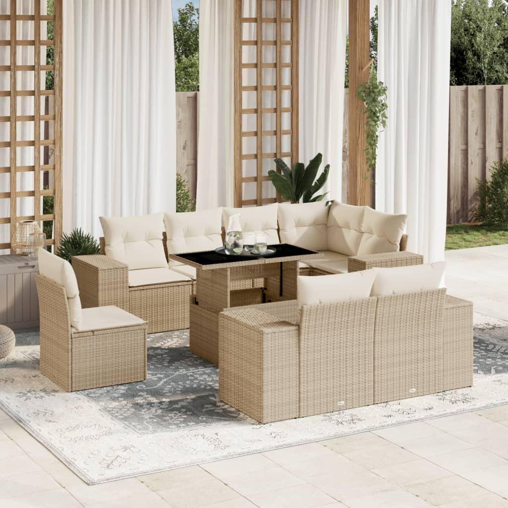 Sofasæt til haven 9 dele med hynder polyrattan beige