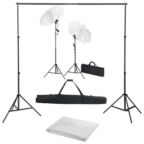 Fotostudiesæt med baggrund, lamper og paraplyer