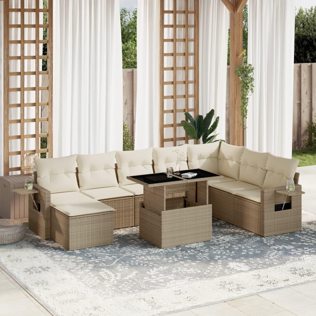 Sofasæt til haven i polyrattan - 9 dele med hynder, beige
