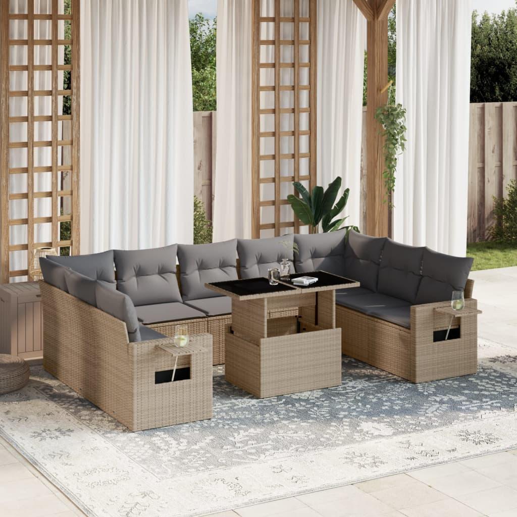 Sofasæt til haven i polyrattan - 10 dele med hynder, beige