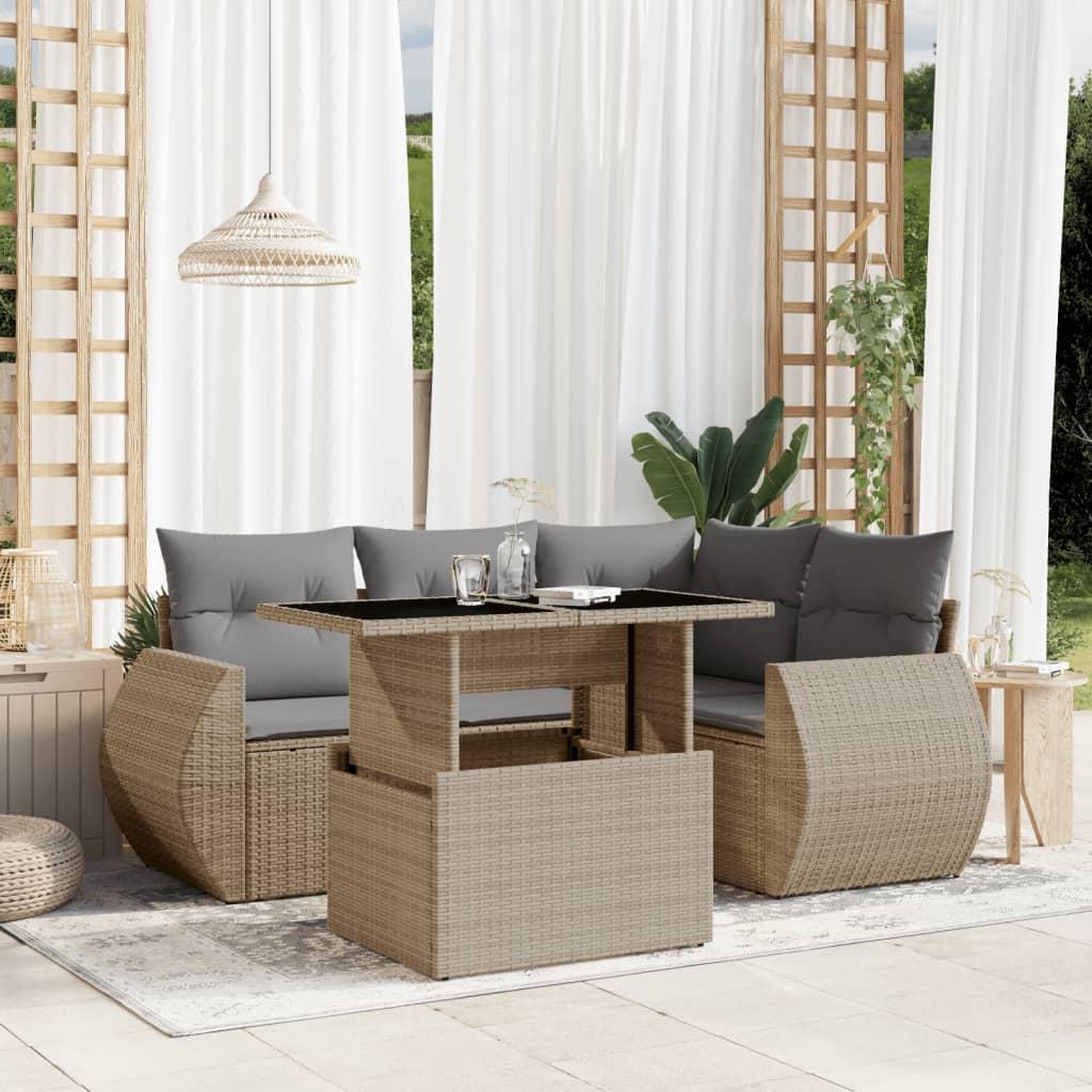 Sofasæt til haven 5 dele med hynder polyrattan beige