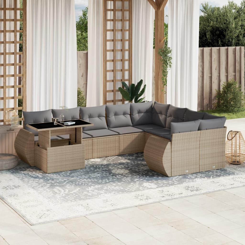 Havesofasæt i polyrattan - 10 dele med hynder, beige
