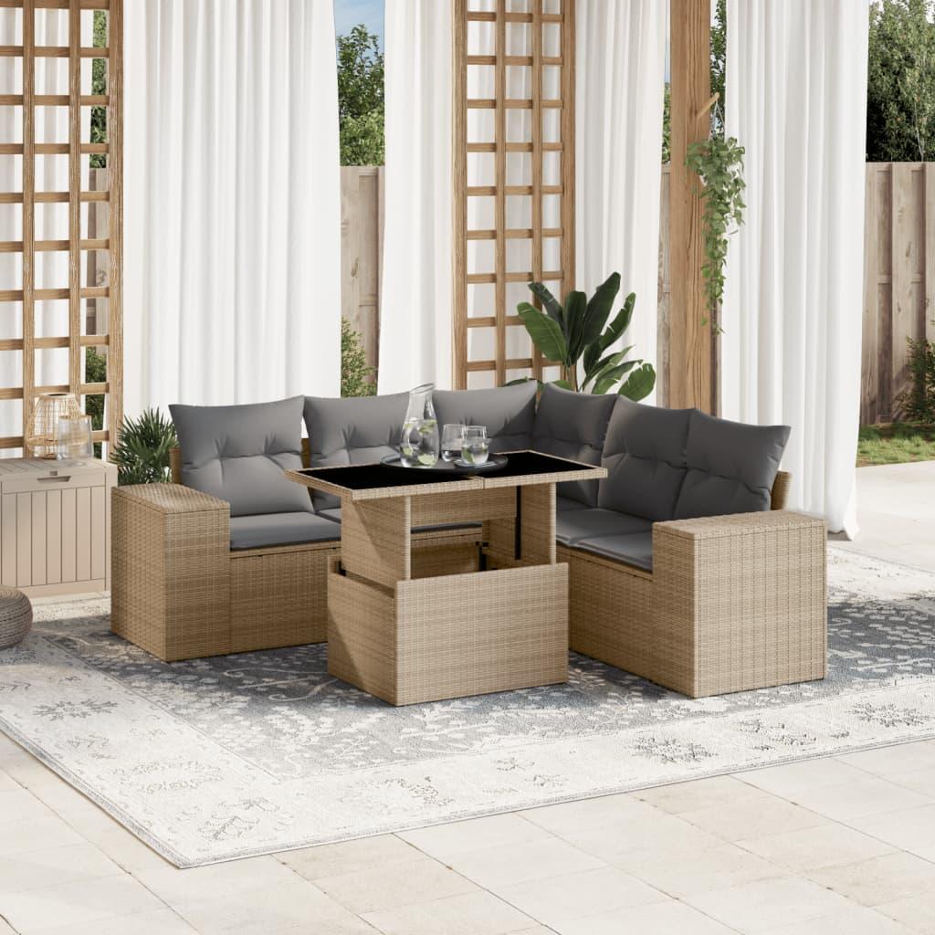Sofasæt til haven 6 dele med hynder og hæve-sænkebord i polyrattan beige billede