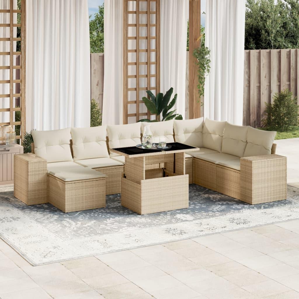 Sofasæt til haven 9 dele med hynder i polyrattan - beige