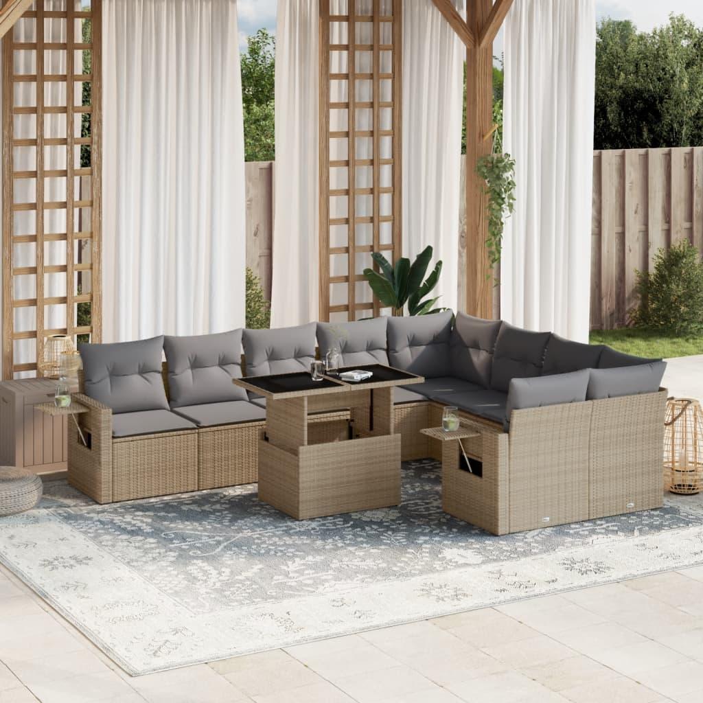 Sofasæt til haven i polyrattan - 10 dele med hynder, beige