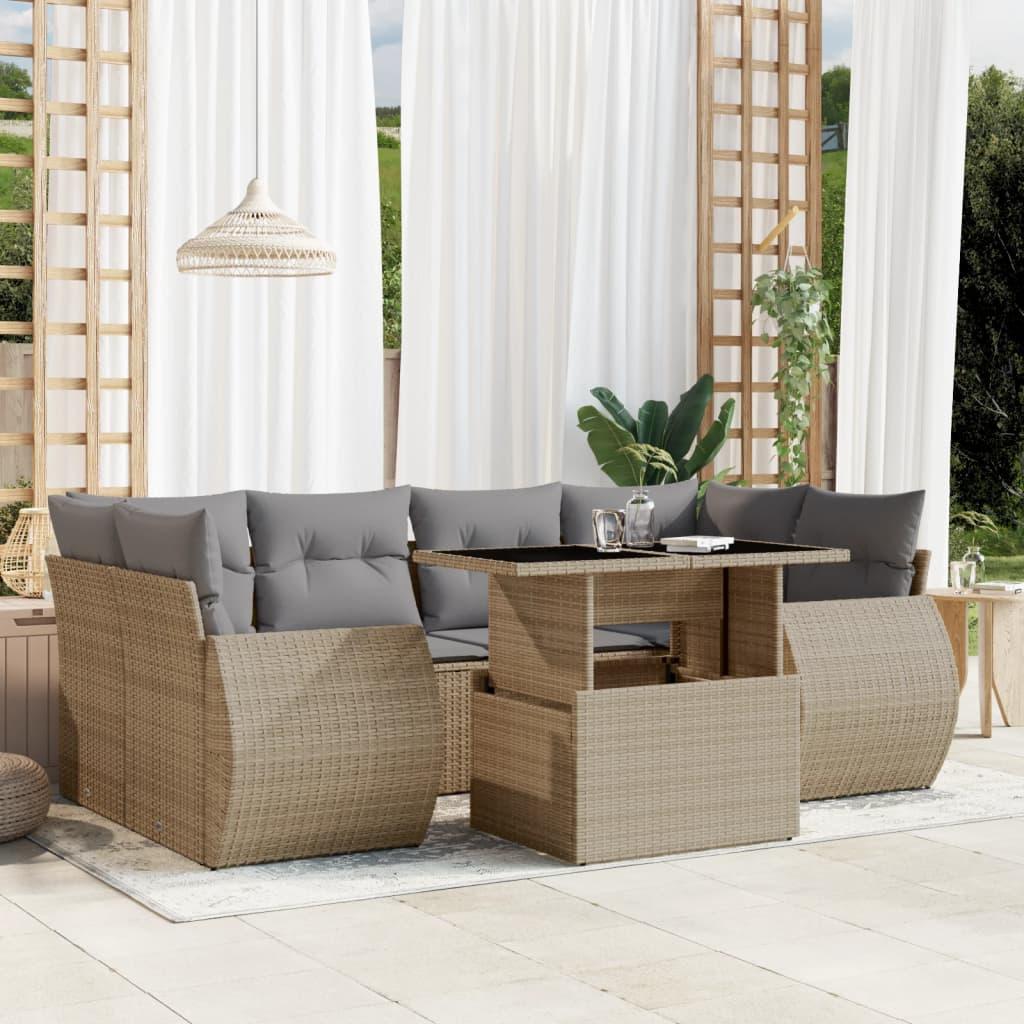 Sofasæt til haven i polyrattan - 7 dele med hynder, beige