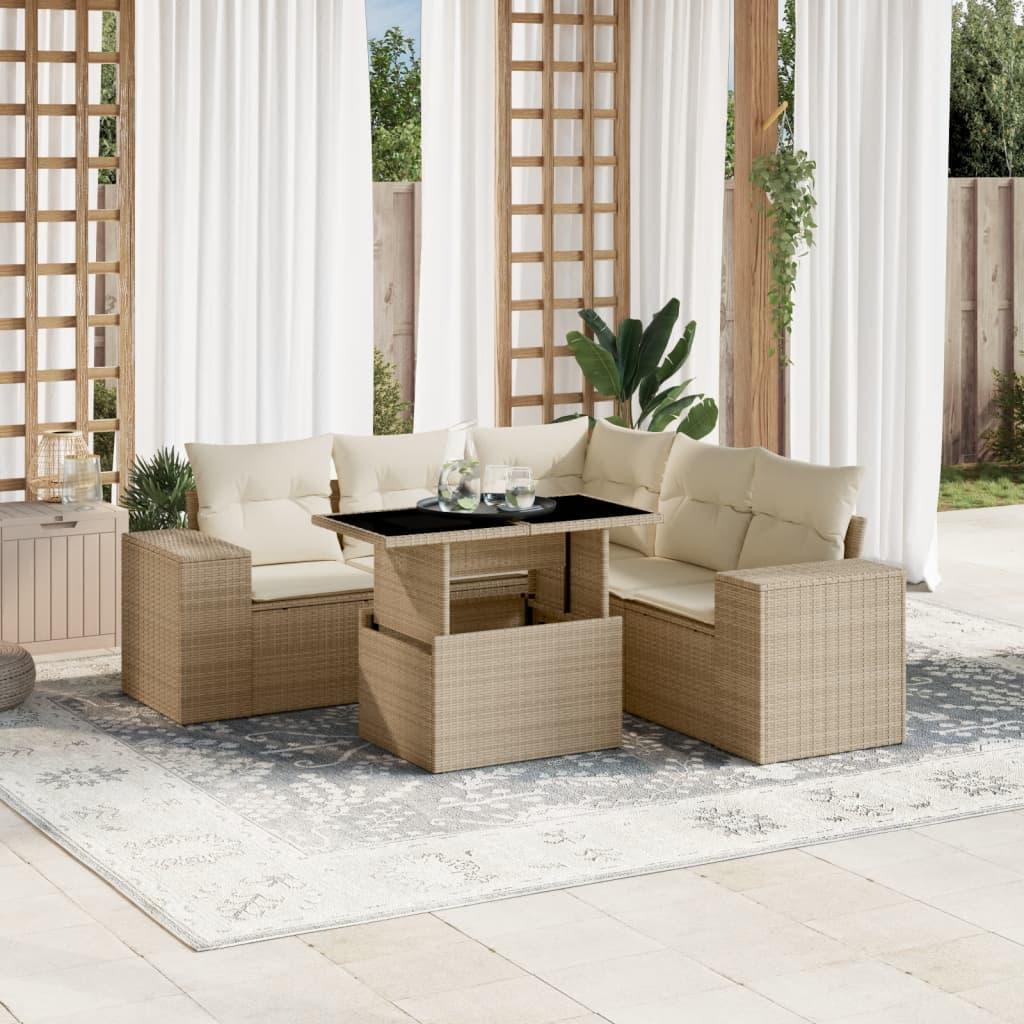 Sofasæt til haven 6 dele med hynder i polyrattan beige