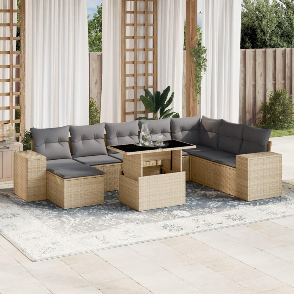 Havesofasæt 9 dele med hynder i polyrattan beige billede