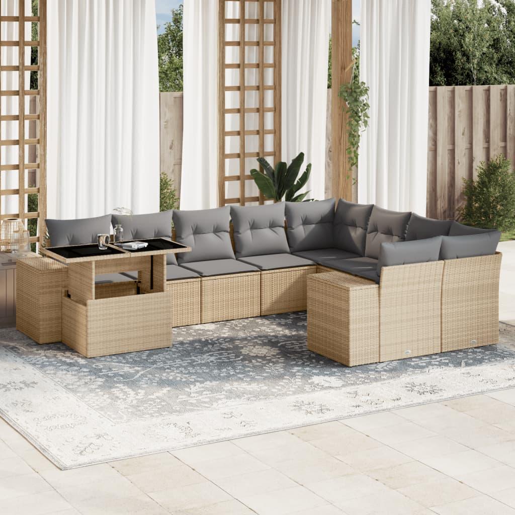 Sofasæt til haven i polyrattan - 10 dele med hynder, beige