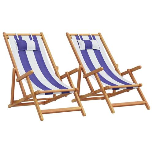Strandstole 2 stk. foldbar stof og massivt træ blå og hvid