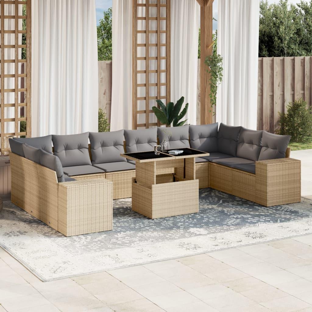 Sofasæt til haven 11 dele med hynder i polyrattan - beige