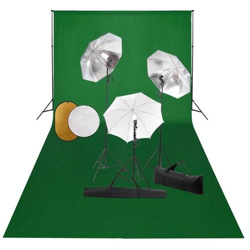 Fotostudieudstyr med lamper, paraplyer, baggrund og reflektor