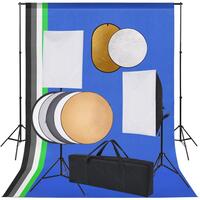 Fotostudiesæt med softbox-lamper, baggrund og reflektor