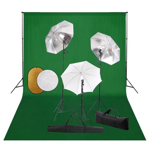 Fotostudieudstyr med lamper, paraplyer, baggrund og reflektor
