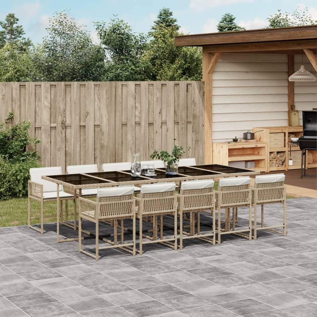 Spisebordssæt til haven 11 dele med hynder polyrattan beige