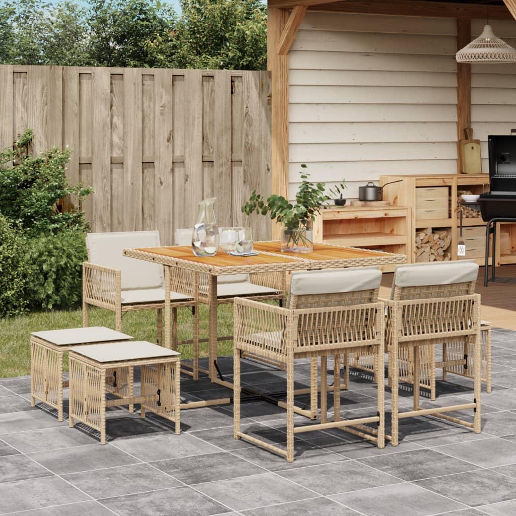 Spisebordssæt til haven 9 dele med hynder polyrattan beige