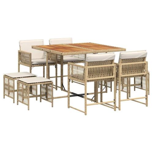 Spisebordssæt til haven 9 dele med hynder polyrattan beige