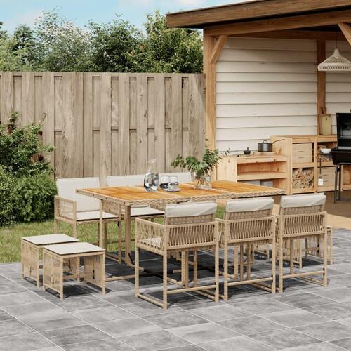 Spisebordssæt til haven 11 dele med hynder polyrattan beige