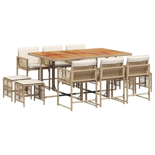Spisebordssæt til haven 11 dele med hynder polyrattan beige